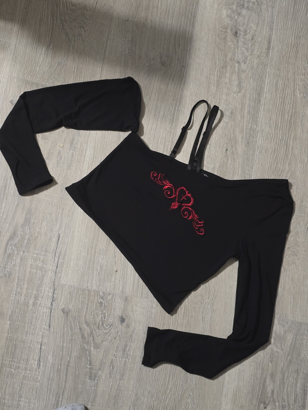 Black Off-Shoulder Crop Top with Red Heart Embroidery